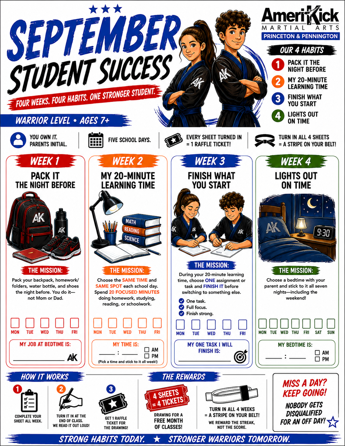 September Student Success Challenge sheet for Warrior Level ages 7 and up