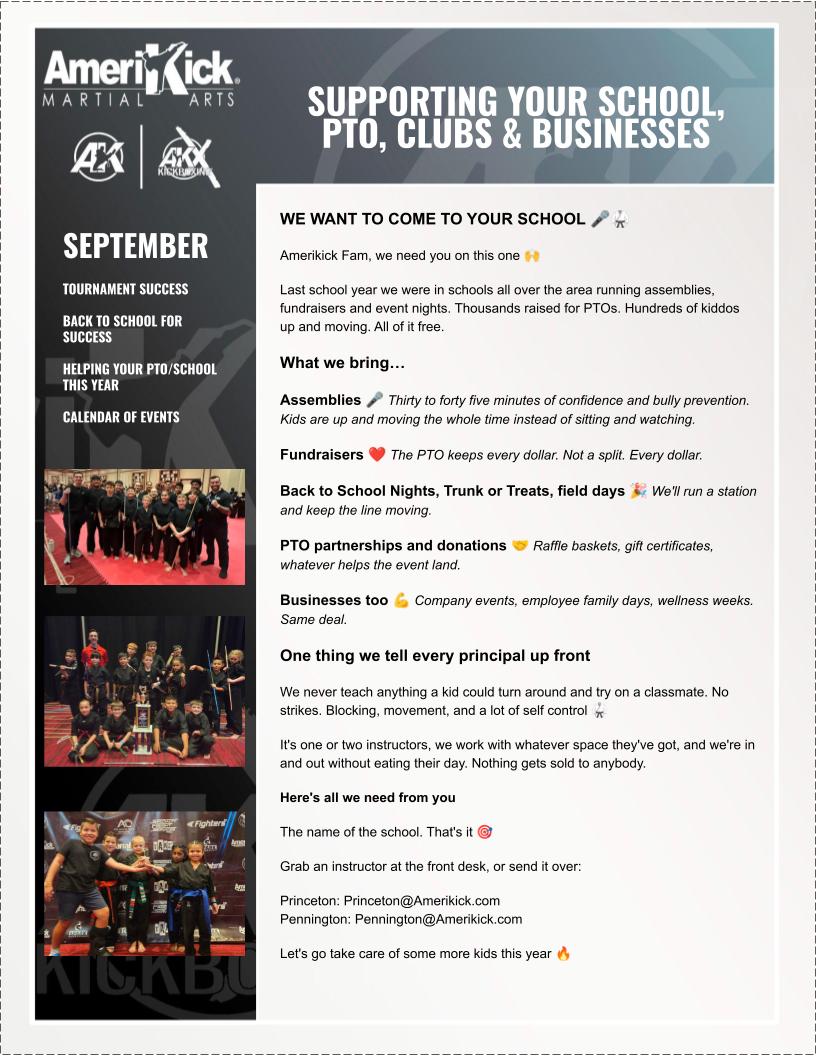 Amerikick September 2026 Newsletter — Supporting your school, PTO, clubs & businesses
