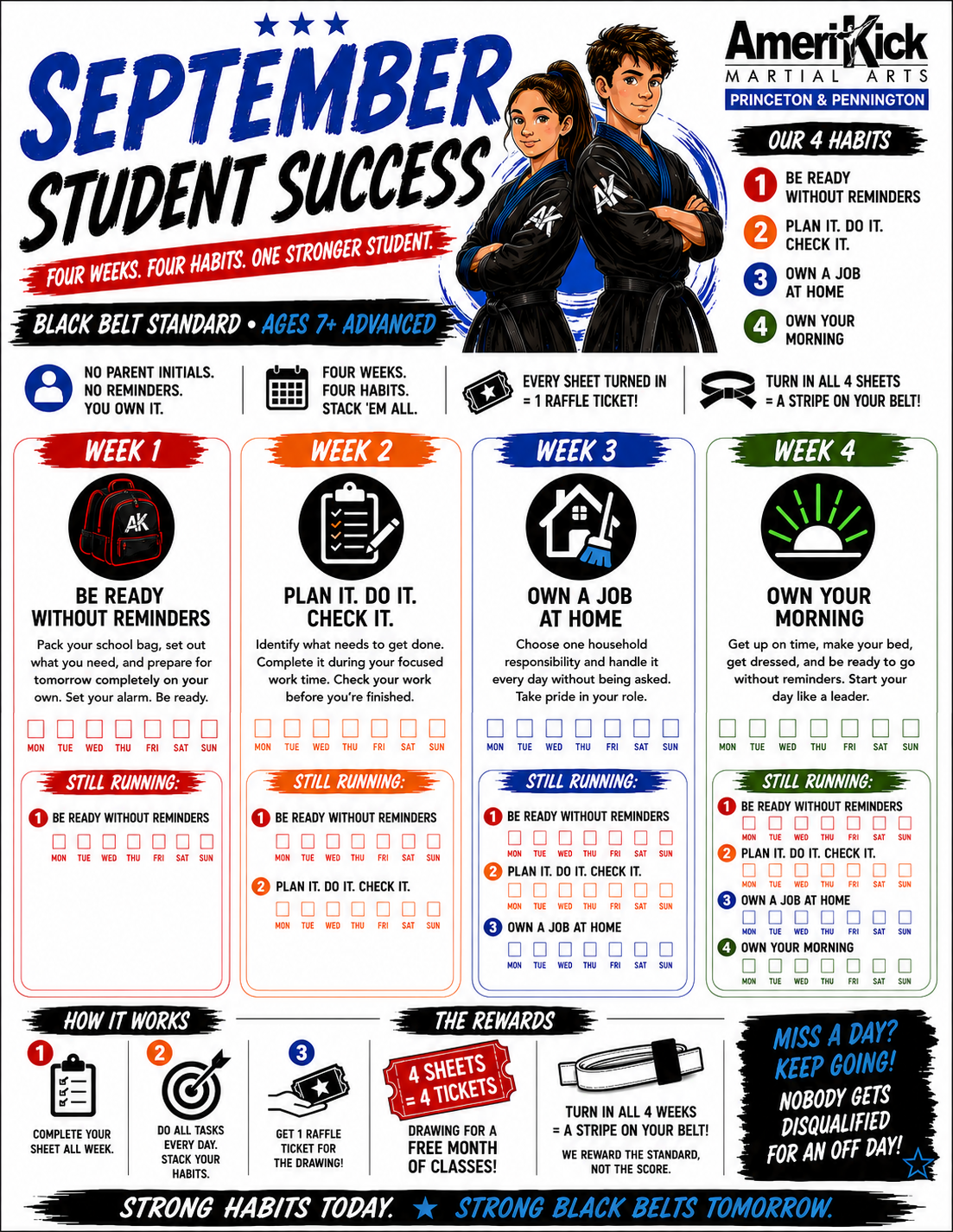September Student Success Challenge sheet for Black Belt Standard, ages 7 and up advanced