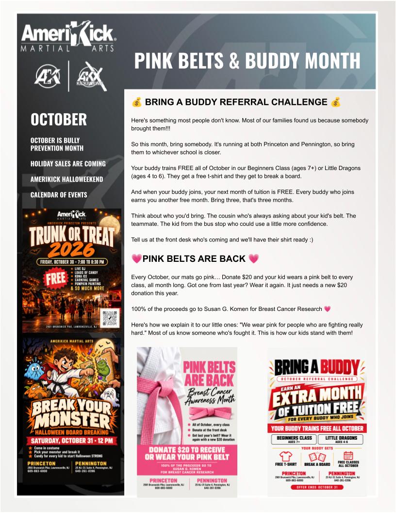 Amerikick October 2026 Newsletter — Pink Belts and Bring a Buddy Month