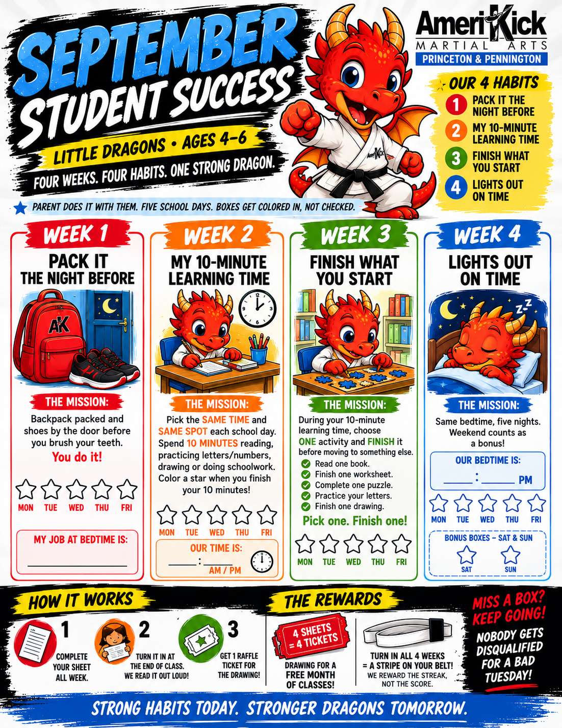 September Student Success Challenge sheet for Little Dragons ages 4-6