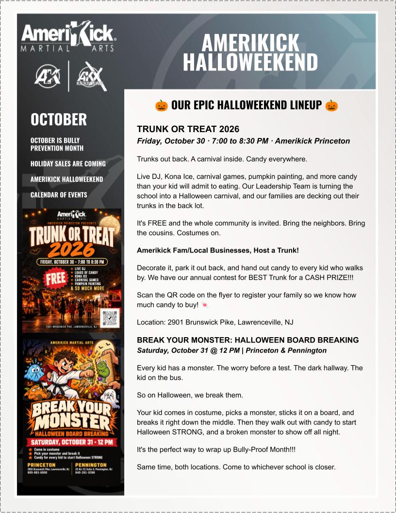 Amerikick October 2026 Newsletter — Amerikick Halloweekend: Trunk or Treat and Break Your Monster