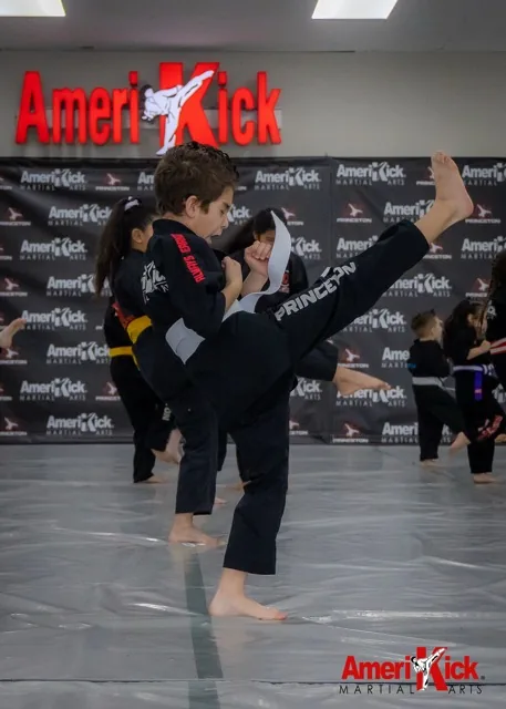 Student executing axe kick at Amerikick Pennington